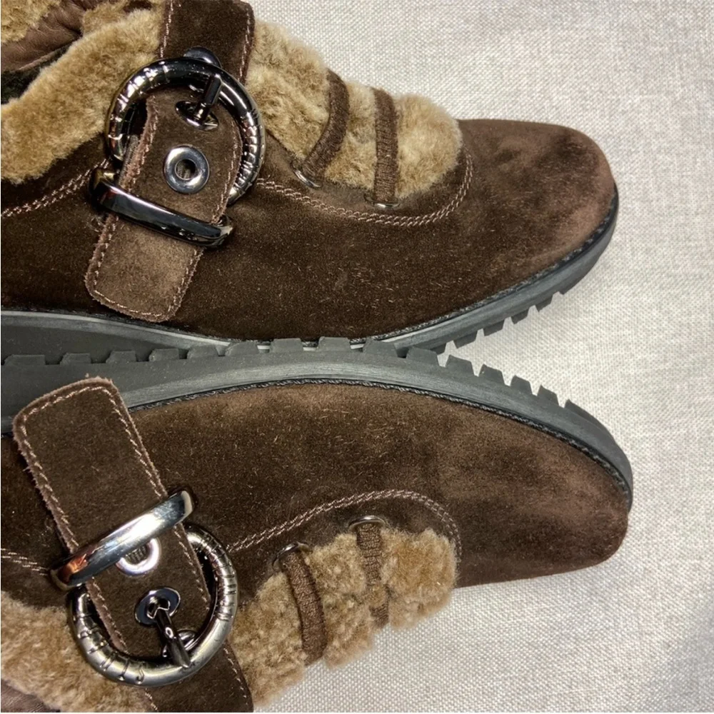 Stuart Weitzman Brown Suede Shearling-Lined Shoe with buckle closure & lug sole - Picture 10 of 12